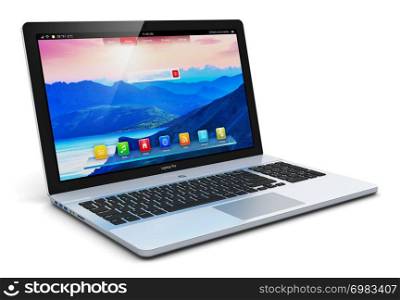 Mobility PC computer web technology and internet communication concept: modern aluminum business laptop or metal silver office notebook with color screen interface isolated on white background