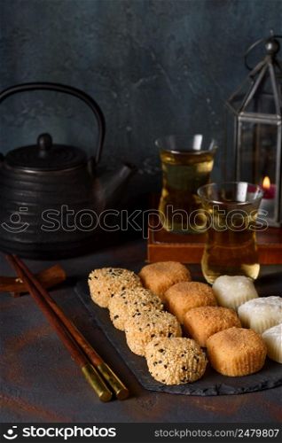 Mochi assortment with chopticks japanese rice dessert