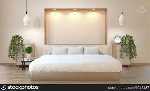 Mock up bedroom japanese style with bed, lowtable, cabinet and wall shelf design down lights.3D rendering