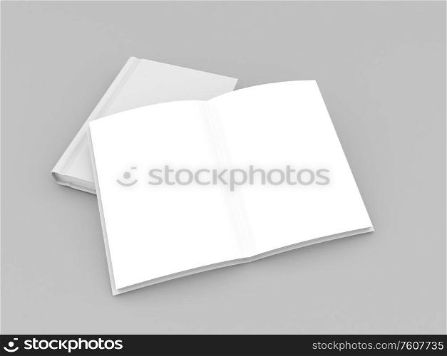 Mock up blank open book on gray background. 3d render illustration.. Mock up blank open book on gray background.