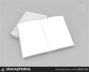 Mock up blank open book on gray background. 3d render illustration.. Mock up blank open book on gray background.