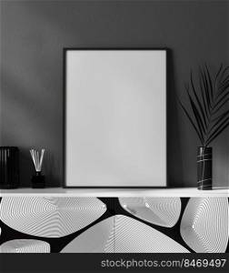 mock up blank poster frame in black and white modern interior with stylish decoration, frame in luxury and contemporary interior, 3d rendering
