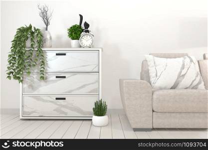 Mock up cabinet granite and sofa and granite pillows on white room interior.3D rendering