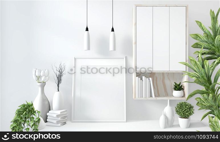 Mock up cabinet in modern white room Japanese - zen style,minimal designs. 3D rendering