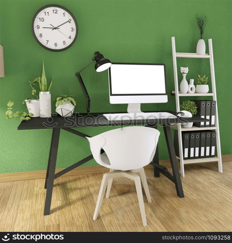 Mock up computer with blank screen and decoration in office green room mock up background.3D rendering