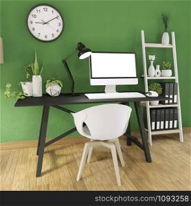 Mock up computer with blank screen and decoration in office green room mock up background.3D rendering