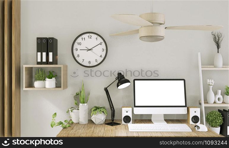 Mock up computer with blank screen and decoration in office room mock up background.3D rendering