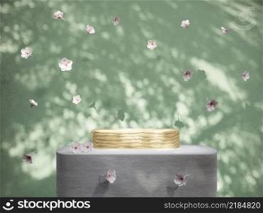 Mock up concrete and wooden pedestal showcase podium stage with natural cherry flower falling or levitating in midair 3D rendering illustration