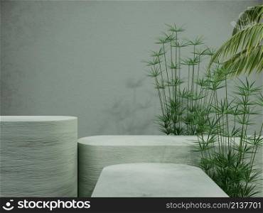 Mock up concrete pedestal showcase podium stage with natural fresh plants for product presentation selective focus 3D rendering illustration