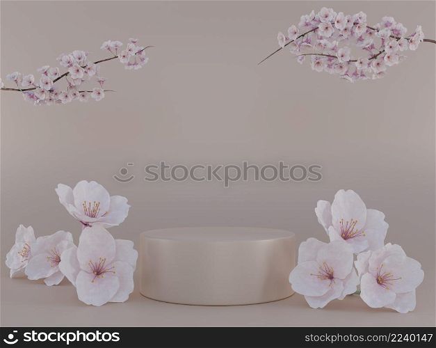 Mock up cylindrical pedestal showcase podium stage with natural fresh cherry blossom flowers and branches for product presentation 3D rendering illustration