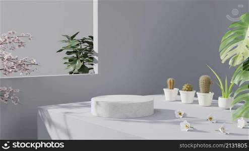 Mock up cylindrical white marble pedestal showcase podium stage with natural fresh plants for product presentation selective focus 3D rendering illustration