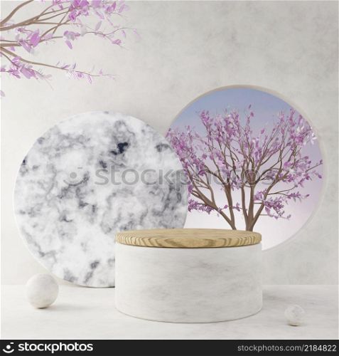 Mock up cylindrical wooden pedestal showcase podium stage with pink natural fresh plants and marble decoration for product presentation 3D rendering illustration