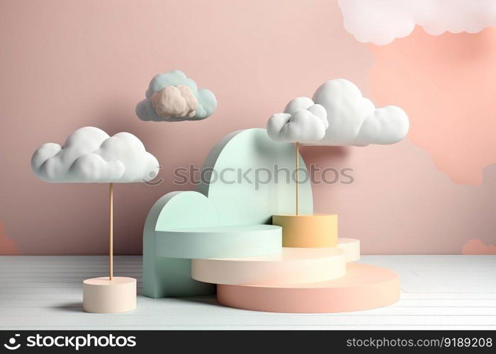 Mock up display platform podium stage with clouds background , show cosmetic product , Generate Ai