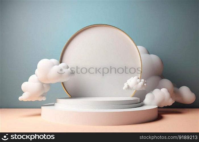 Mock up display platform podium stage with clouds background , show cosmetic product , Generate Ai