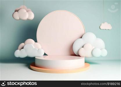 Mock up display platform podium stage with clouds background , show cosmetic product , Generate Ai