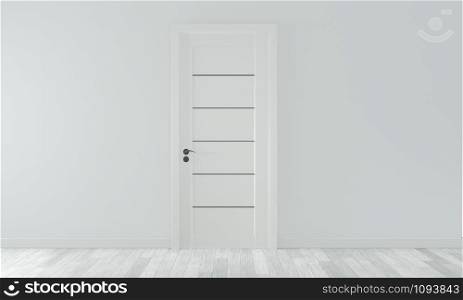 mock up door on empty room white wall on white wooden floor.3D rendering
