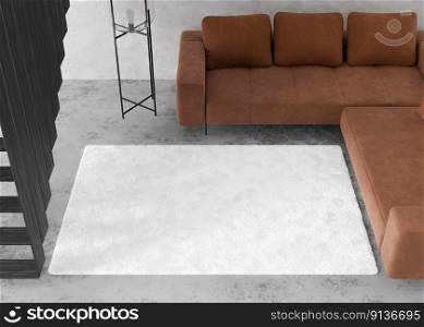 Mock up for carpet. Interior in minimalist, contemporary style. Top view. Space for your carpet or rug design. Modern template. 3D rendering. Mock up for carpet. Interior in minimalist, contemporary style. Top view. Space for your carpet or rug design. Modern template. 3D rendering.
