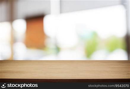 Mock up for space. Empty dark wooden table in front of abstract blurred bokeh background of restaurant . can be used for display or montage your product.