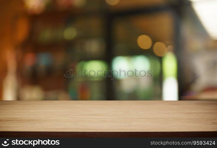 Mock up for space. Empty dark wooden table in front of abstract blurred bokeh background of restaurant . can be used for display or montage your product.