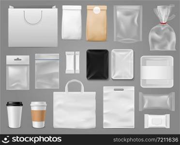Mock up for take away. Packaging food containertea and paper bag, disposable cup for branding coffee shop or cafe vector corporate design set template. Mock up for take away. Packaging food containertea and paper bag, disposable cup for branding coffee shop or cafe vector template