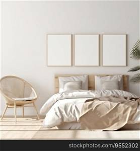 Mock-up frame in a bedroom interior with beige room and natural colours