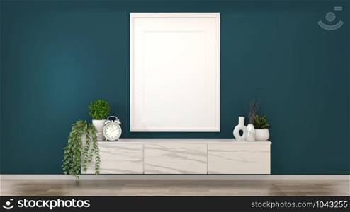 Mock up frame on granite cabinets in a dark green room and decoration.3D rendering