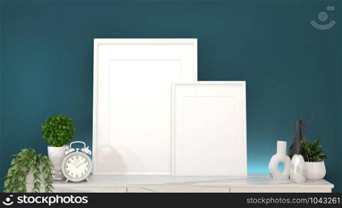 Mock up frame on granite cabinets in a dark green room and decoration.3D rendering