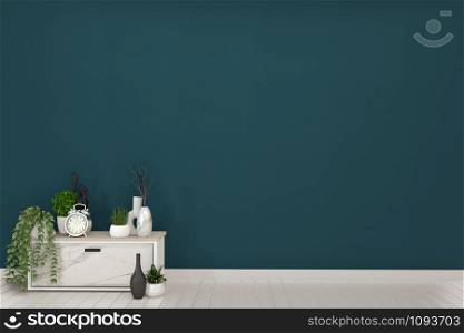 Mock up frame on wooden Cabinets TV in a dark green room and decoration.3D rendering