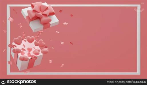 Mock up gift box with flying balloons hearts on pink color background. Festive concept. 3d rendering.