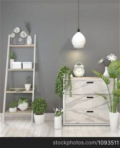 Mock up granite cabinet in modern living room with plant on black wall background,3d rendering