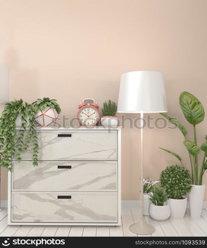 Mock up granite cabinet in modern living room with plant on pink wall background,3d rendering