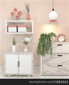 Mock up granite cabinet in modern living room with plant on pink wall background,3d rendering