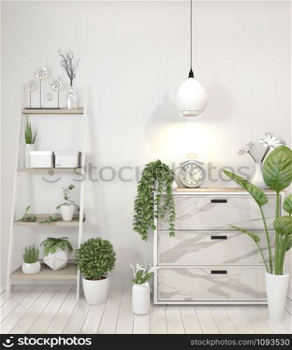 Mock up granite cabinet in modern living room with plant on white wall background,3d rendering