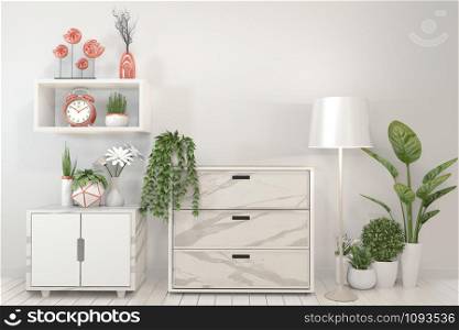 Mock up granite cabinet in modern living room with plant on white wall background,3d rendering