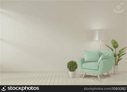 mock up Interior with gray armchair and decoration plants in living room with white wall. 3D rendering