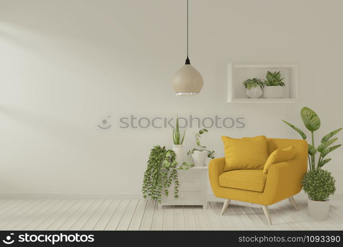 mock up Interior with gray armchair and decoration plants in living room with white wall. 3D rendering