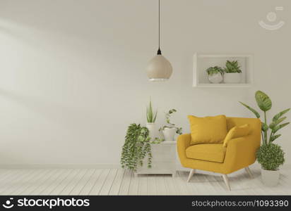 mock up Interior with gray armchair and decoration plants in living room with white wall. 3D rendering