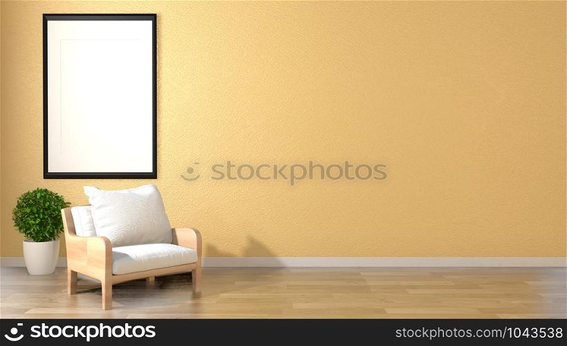 mock up living room interior zen style with armchair frame and plants on empty yellow wall background.3d rendering