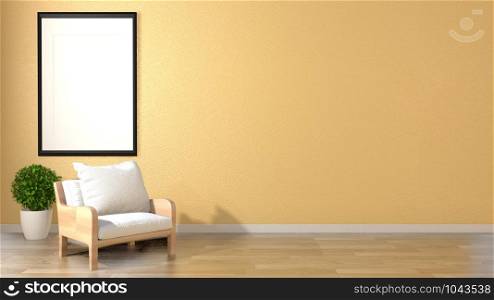 mock up living room interior zen style with armchair frame and plants on empty yellow wall background.3d rendering
