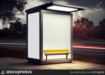 Mock up of advertising light box on the bus stop, vertical light box in a bus stop at night, Generative AI