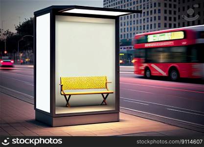 Mock up of advertising light box on the bus stop, vertical light box in a bus stop at night, Generative AI