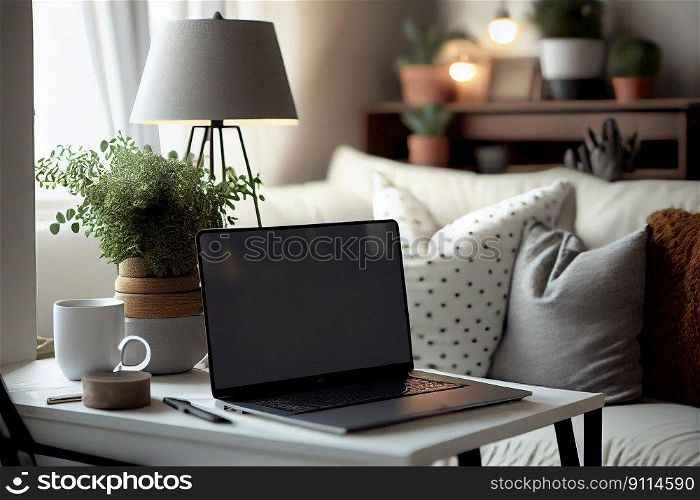 Mock up of blank screen laptop computer on desk in modern living room, Still life workplace at home technology indoors lifestyle, home interior, Generative AI