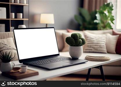 Mock up of blank screen laptop computer on desk in modern living room, Still life workplace at home technology indoors lifestyle, home interior, Generative AI