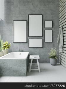 Mock up of poster frame in marble floor modern interior in bath room with bathtub isolated on light background, 3D render, 3D illustration