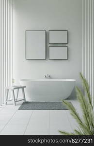 Mock up of poster frame in marble floor modern interior in bath room with bathtub isolated on light background, 3D render, 3D illustration