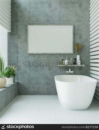 Mock up of poster frame in marble floor modern interior in bath room with bathtub isolated on light background, 3D render, 3D illustration