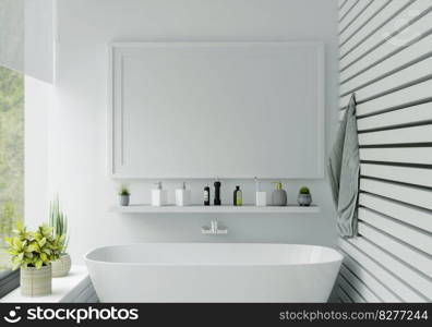 Mock up of poster frame in marble floor modern interior in bath room with bathtub isolated on light background, 3D render, 3D illustration