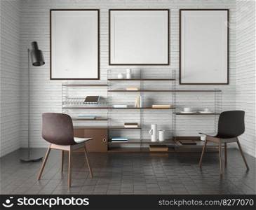 Mock up of poster frame in modern interior in living room isolated on bright background, 3D render, 3D illustration