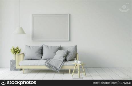 Mock up of poster frame in wooden floor modern interior behind of couch in living room isolated on light background, 3D render, 3D illustration