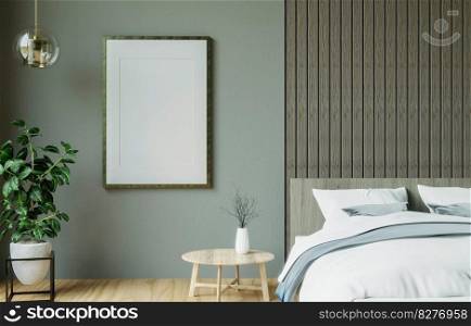 Mock up of poster frame in wooden floor modern interior behind of bed in bed room isolated on light background, 3D render, 3D illustration